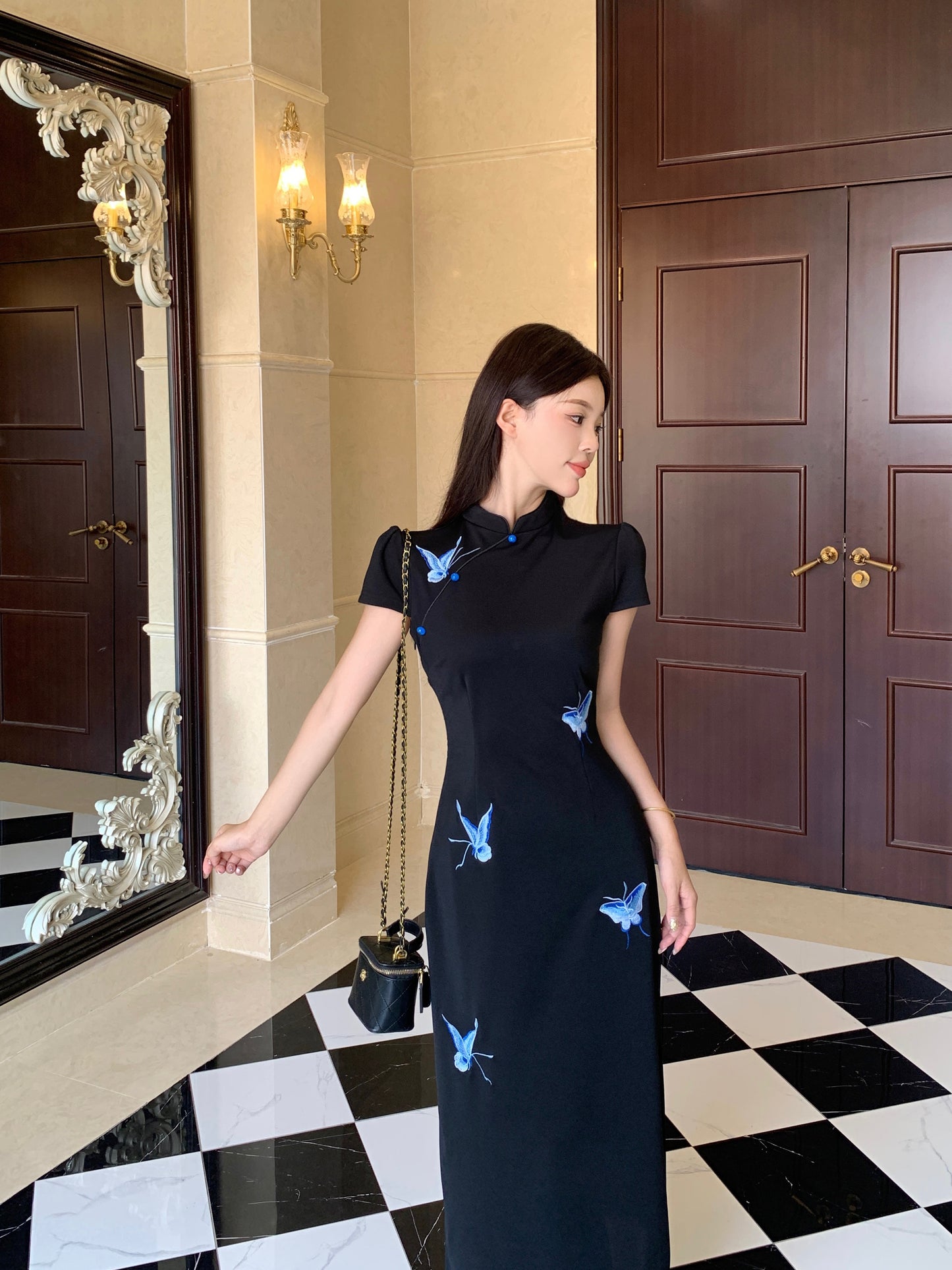 Butterfly Motif Cut-Out Back Qipao Evening Gown