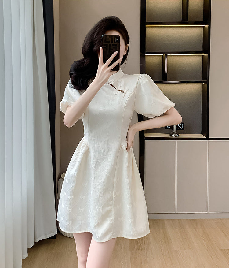 Aurora Cream Puff-Sleeve Cheongsam Mini Dress