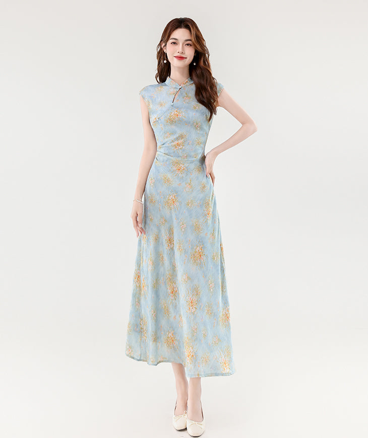 Ethereal Peony Modern Qipao - Pastel Floral A-Line Maxi