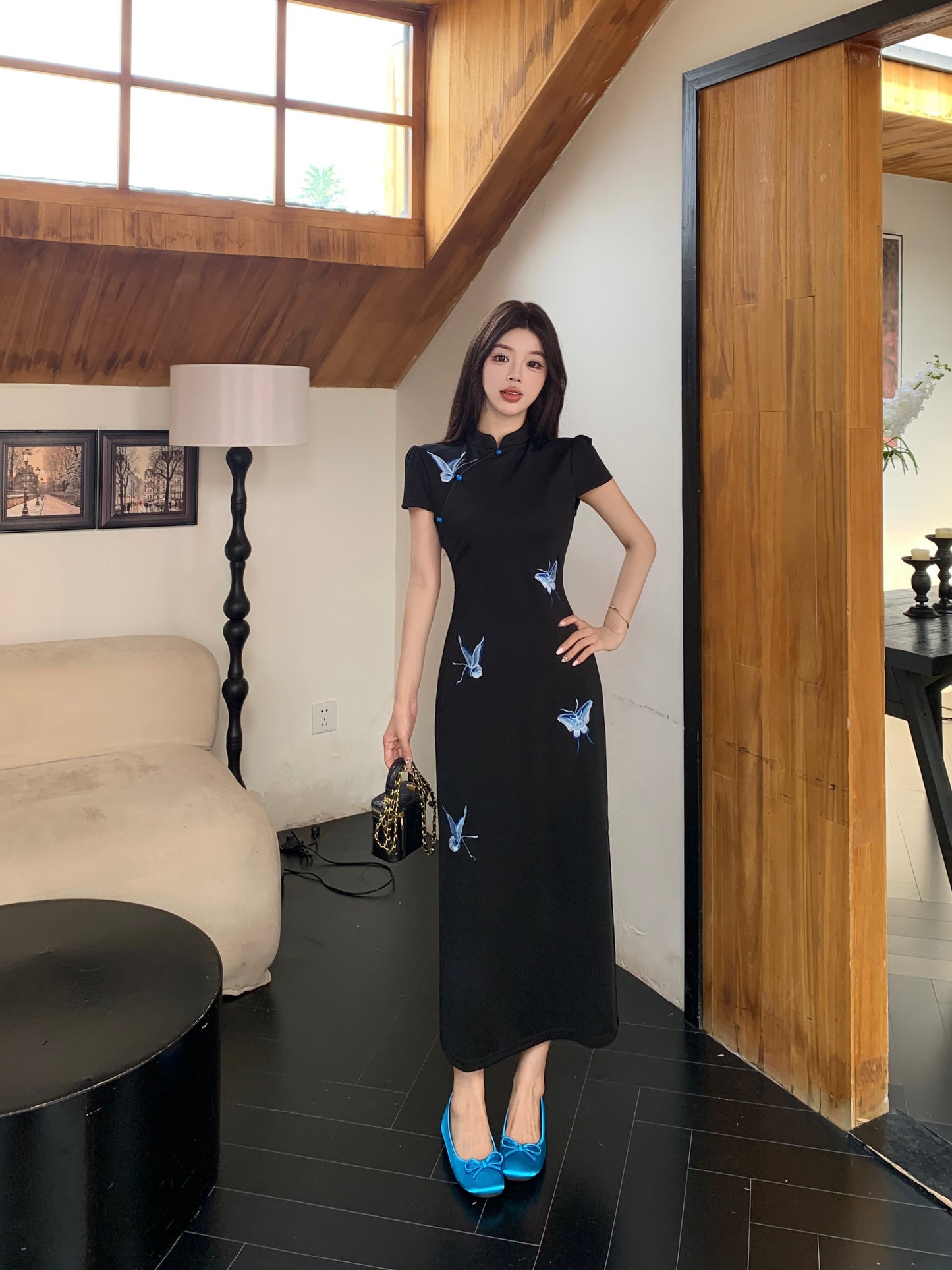 Butterfly Motif Cut-Out Back Qipao Evening Gown