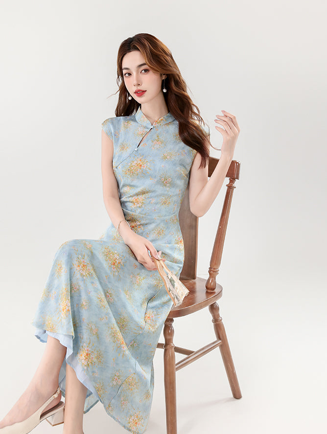 Ethereal Peony Modern Qipao - Pastel Floral A-Line Maxi