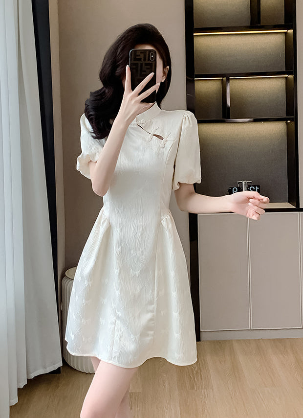 Aurora Cream Puff-Sleeve Cheongsam Mini Dress