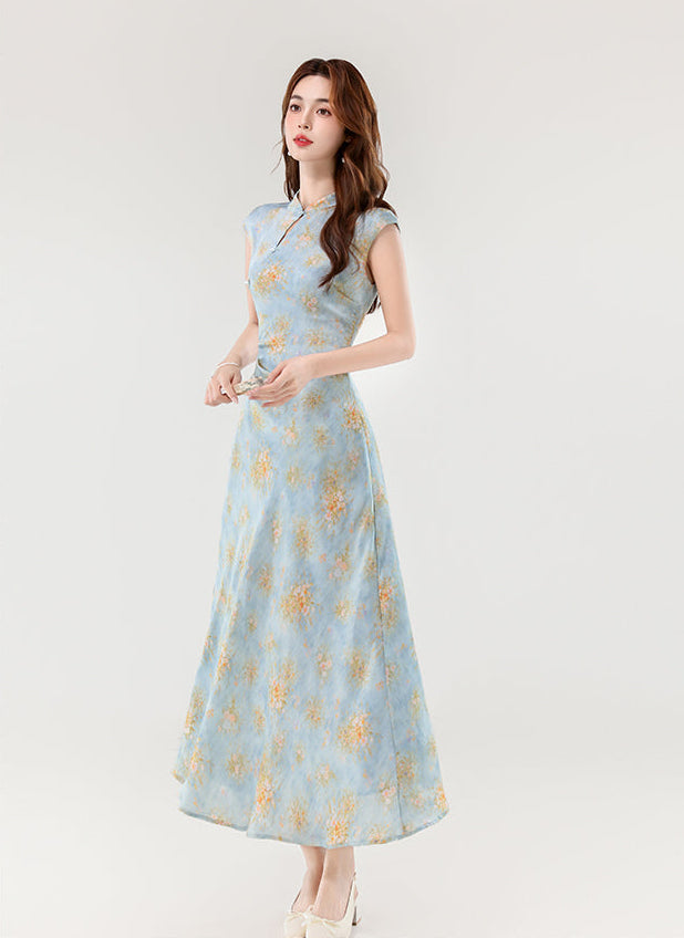 Ethereal Peony Modern Qipao - Pastel Floral A-Line Maxi