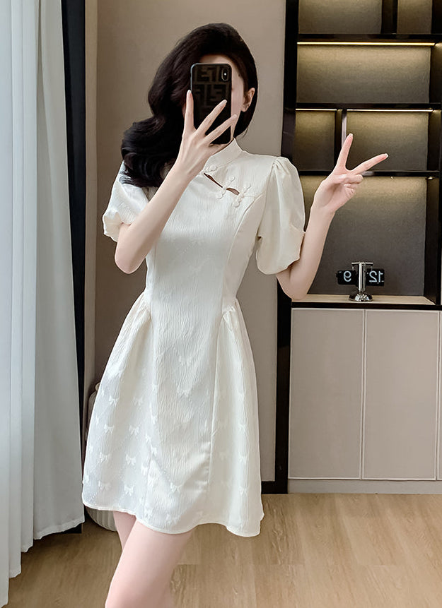 Aurora Cream Puff-Sleeve Cheongsam Mini Dress