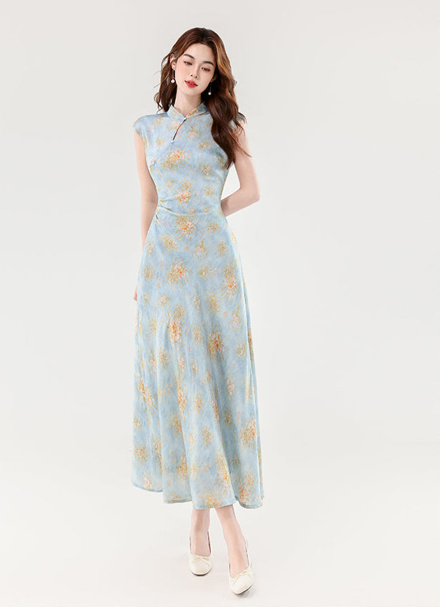 Ethereal Peony Modern Qipao - Pastel Floral A-Line Maxi