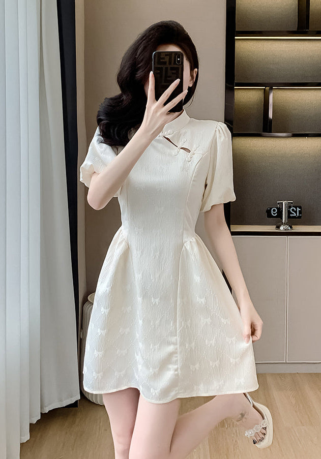 Aurora Cream Puff-Sleeve Cheongsam Mini Dress