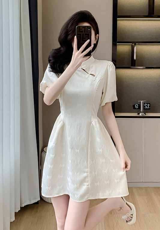 Aurora Cream Puff-Sleeve Cheongsam Mini Dress