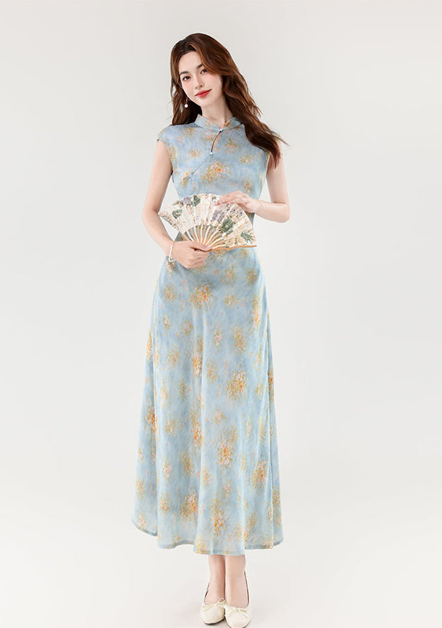 Ethereal Peony Modern Qipao - Pastel Floral A-Line Maxi
