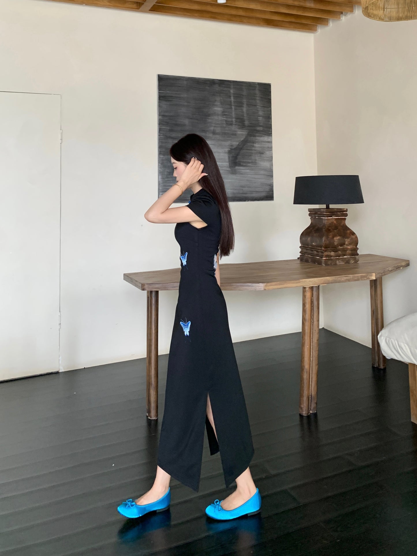 Butterfly Motif Cut-Out Back Qipao Evening Gown