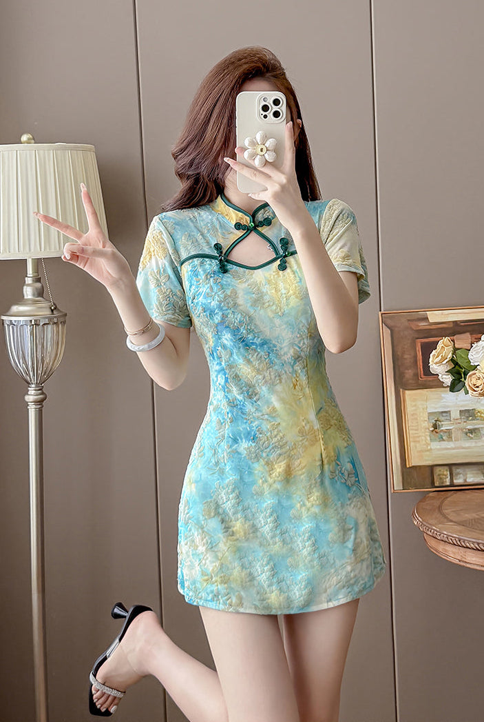 Modern Cheongsam Dress Short Sleeve Floral Print Keyhole Qipao Skort Mini Dress