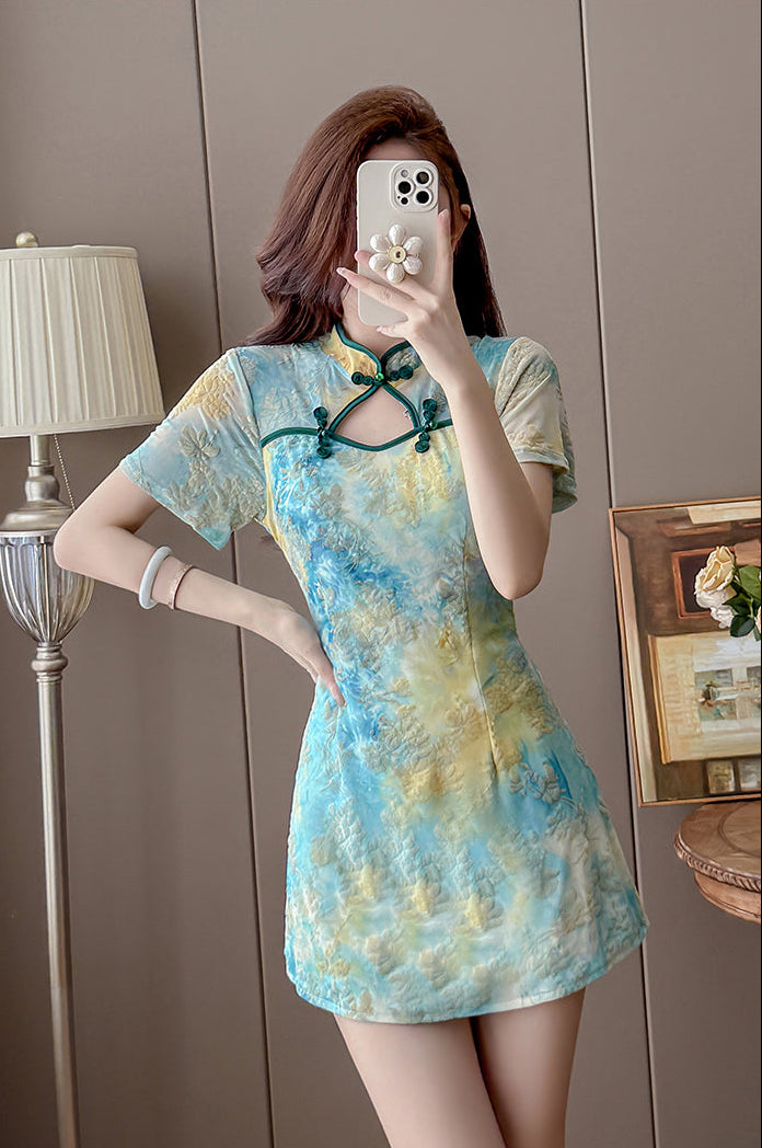 Modern Cheongsam Dress Short Sleeve Floral Print Keyhole Qipao Skort Mini Dress