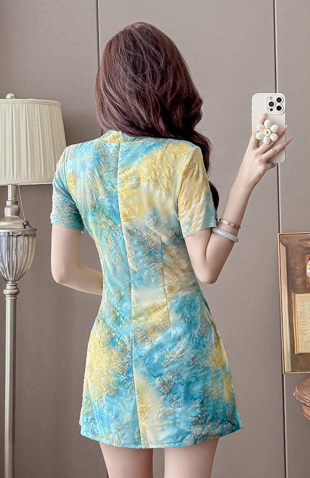 Modern Cheongsam Dress Short Sleeve Floral Print Keyhole Qipao Skort Mini Dress