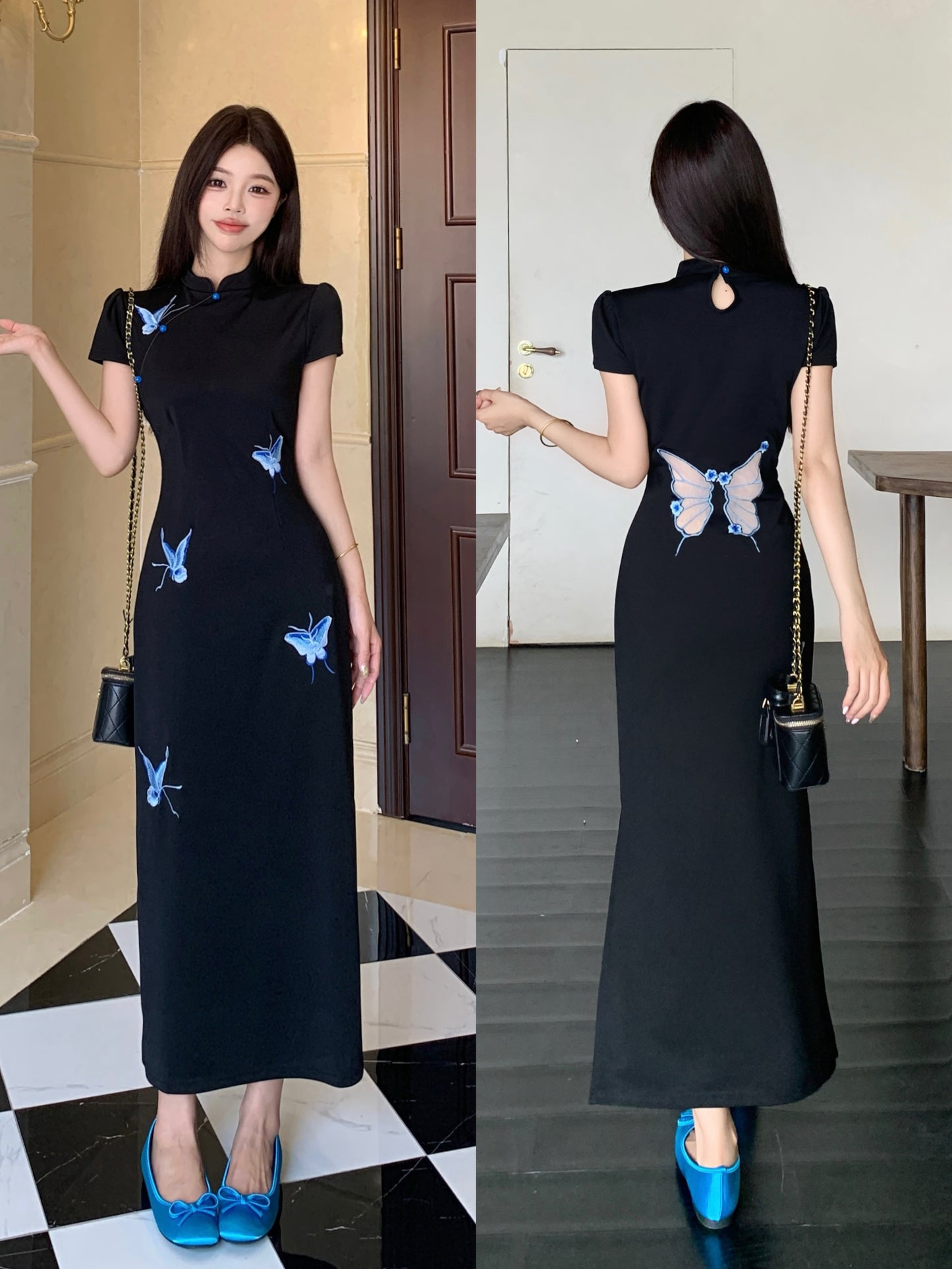 Butterfly Motif Cut-Out Back Qipao Evening Gown
