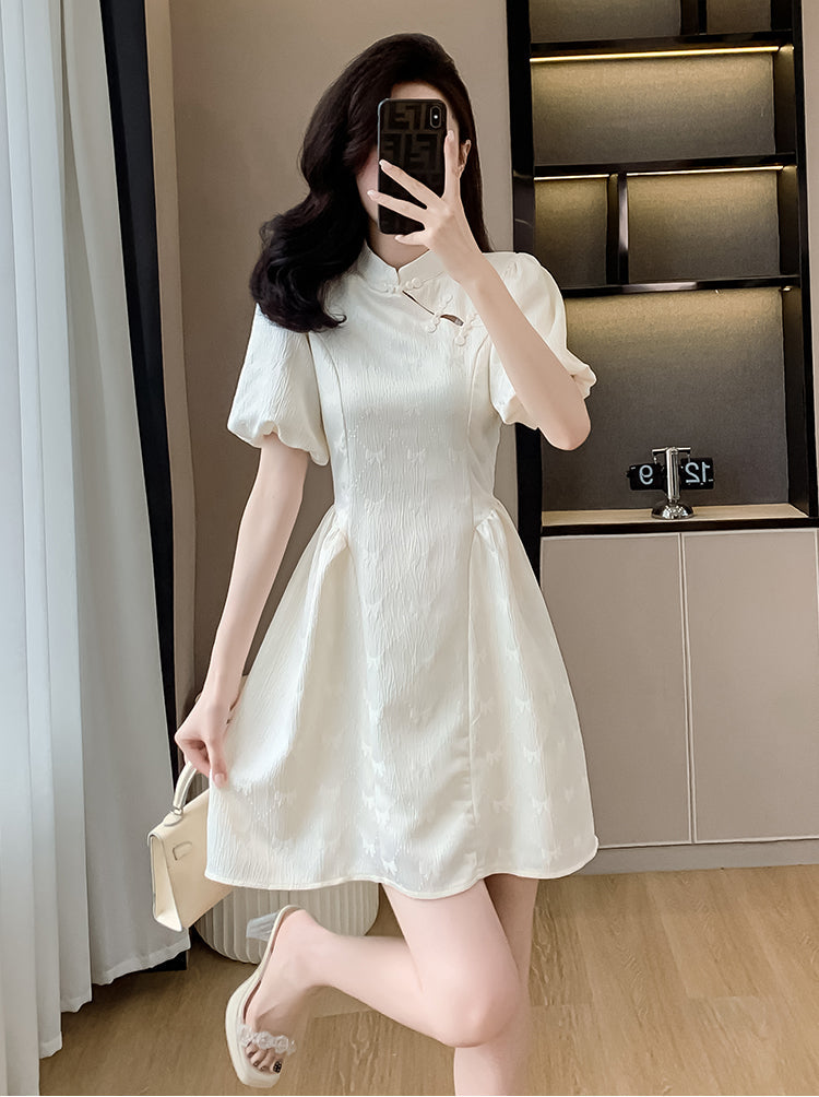 Aurora Cream Puff-Sleeve Cheongsam Mini Dress