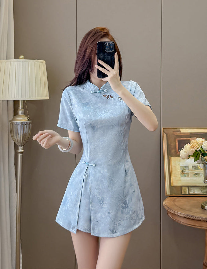 Blossom Modern Chinese Collar Mini Dress with Cutout Detail