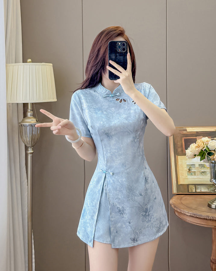 Blossom Modern Chinese Collar Mini Dress with Cutout Detail