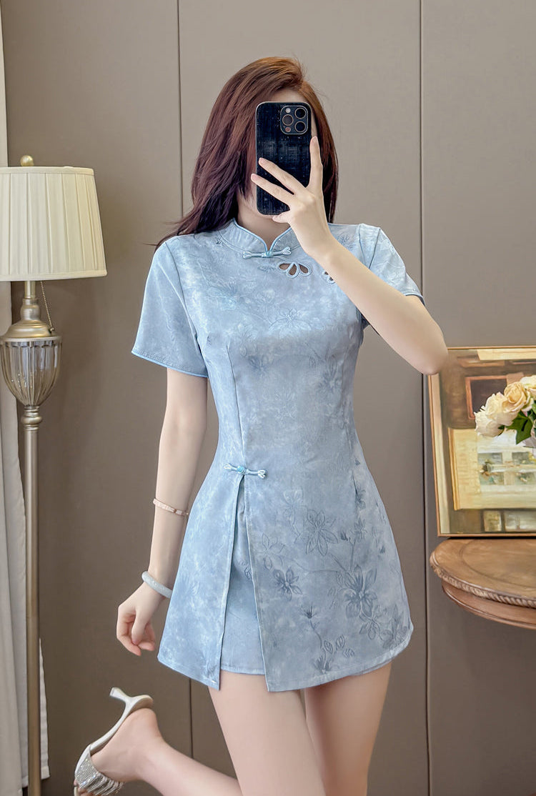 Blossom Modern Chinese Collar Mini Dress with Cutout Detail