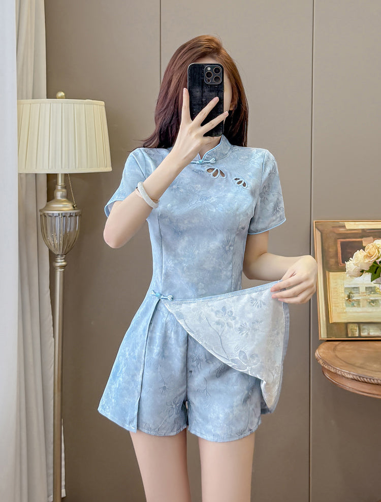 Blossom Modern Chinese Collar Mini Dress with Cutout Detail