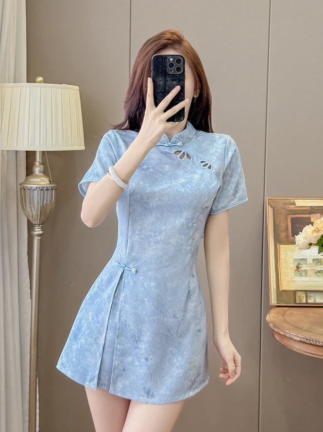 Blossom Modern Chinese Collar Mini Dress with Cutout Detail