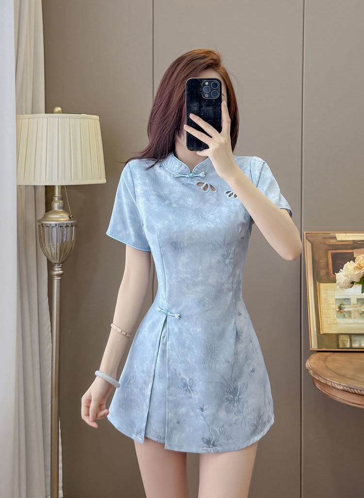 Blossom Modern Chinese Collar Mini Dress with Cutout Detail