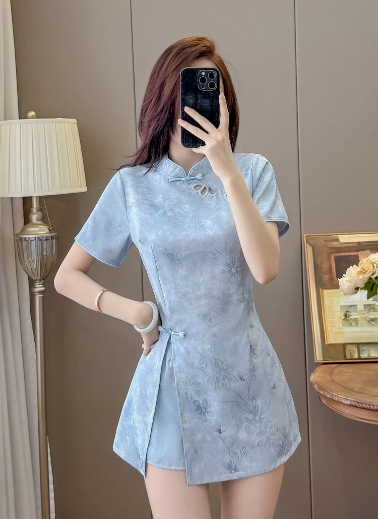 Blossom Modern Chinese Collar Mini Dress with Cutout Detail