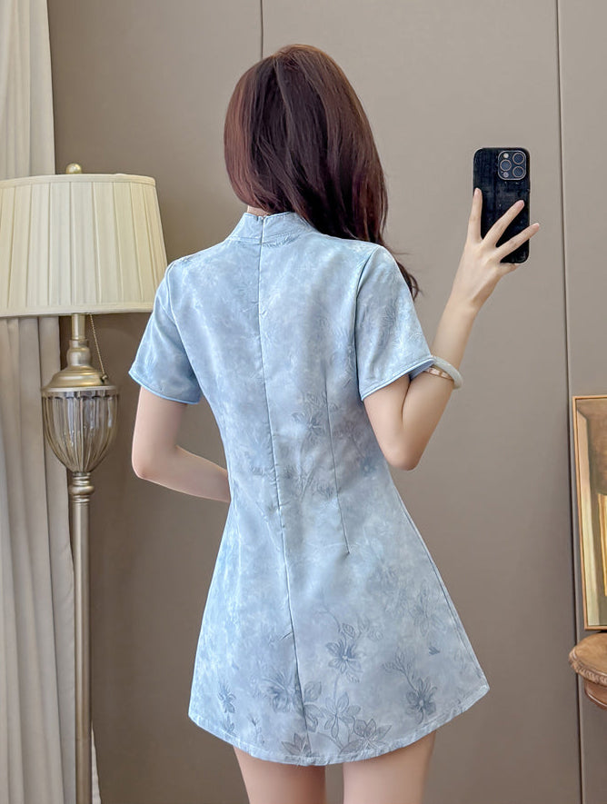 Blossom Modern Chinese Collar Mini Dress with Cutout Detail