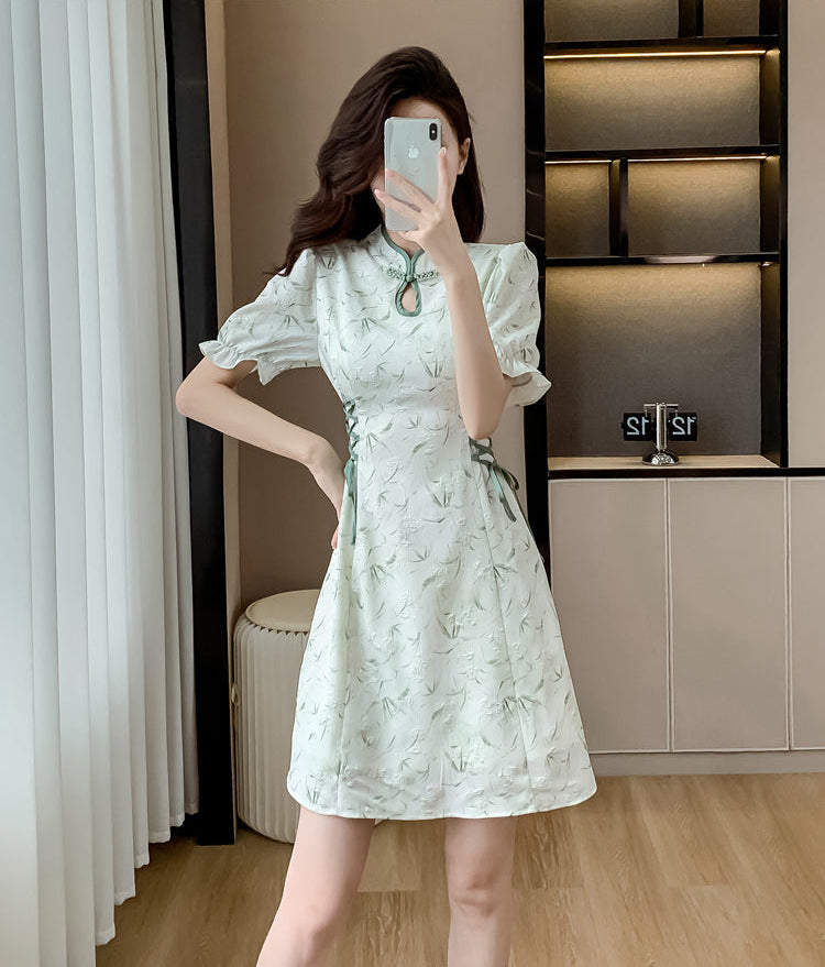 Modern Qipao Mini Dress With Side Lace-Up Corset Detail