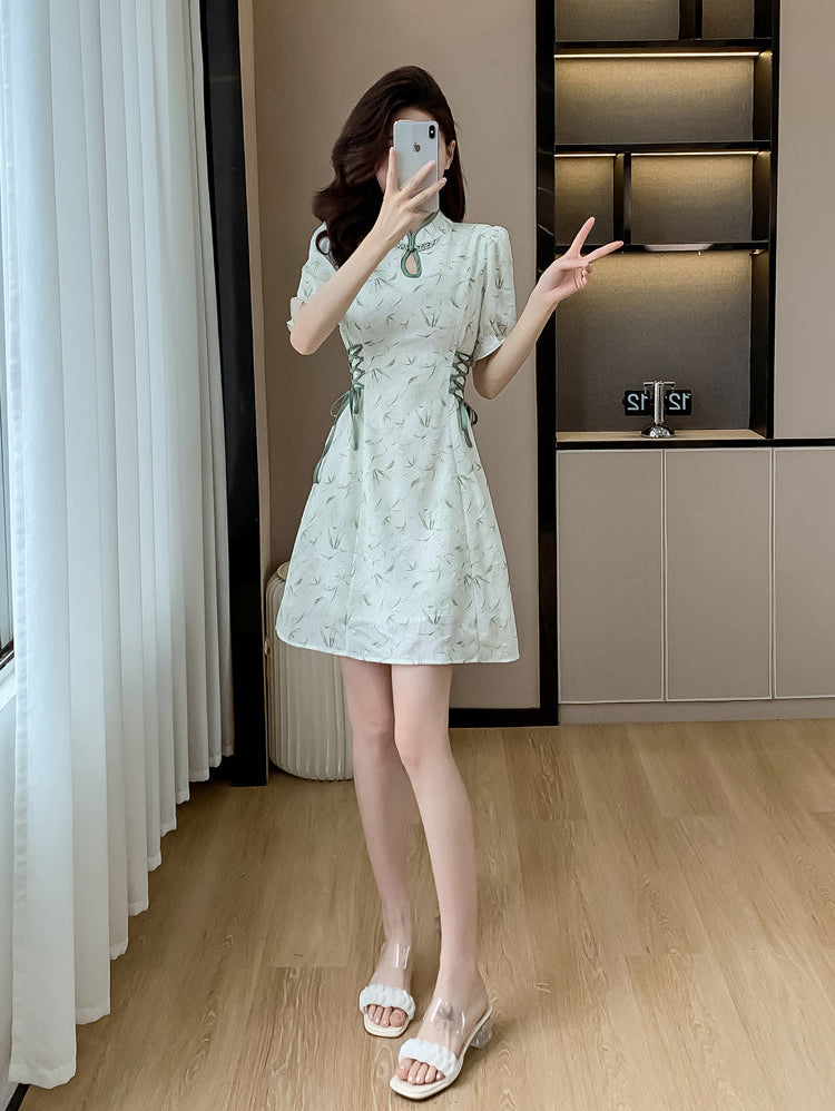 Modern Qipao Mini Dress With Side Lace-Up Corset Detail