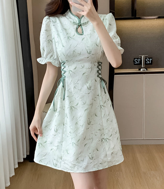 Modern Qipao Mini Dress With Side Lace-Up Corset Detail