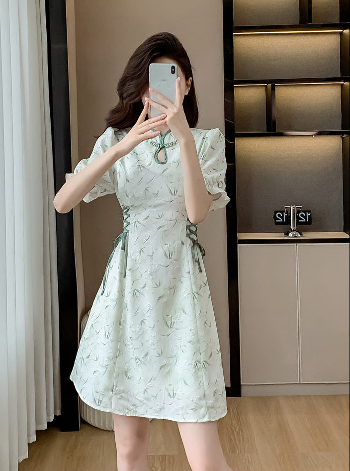 Modern Qipao Mini Dress With Side Lace-Up Corset Detail