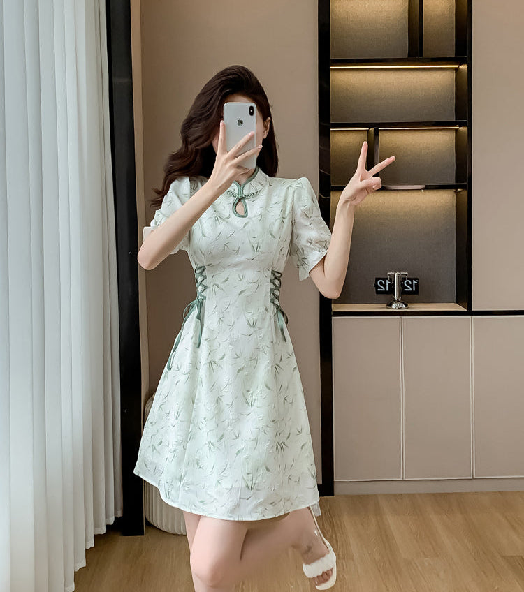 Modern Qipao Mini Dress With Side Lace-Up Corset Detail