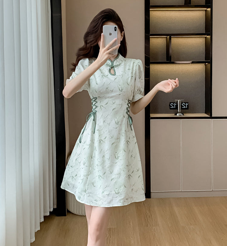Modern Qipao Mini Dress With Side Lace-Up Corset Detail