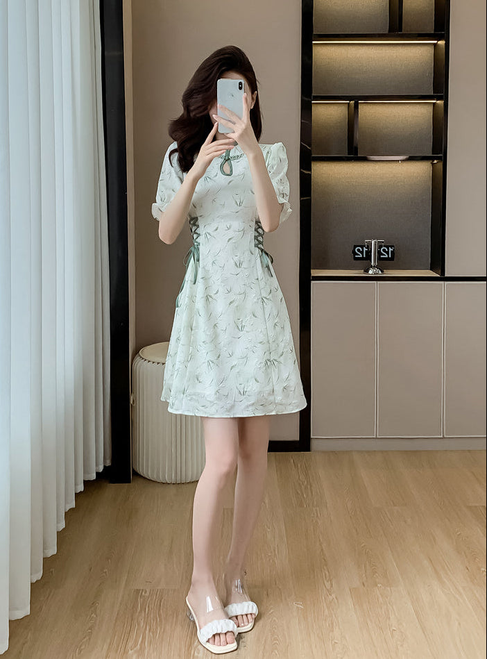 Modern Qipao Mini Dress With Side Lace-Up Corset Detail
