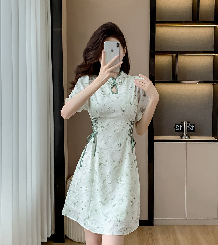 Modern Qipao Mini Dress With Side Lace-Up Corset Detail
