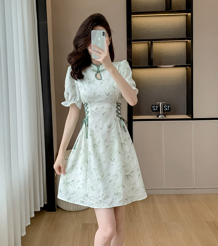 Modern Qipao Mini Dress With Side Lace-Up Corset Detail