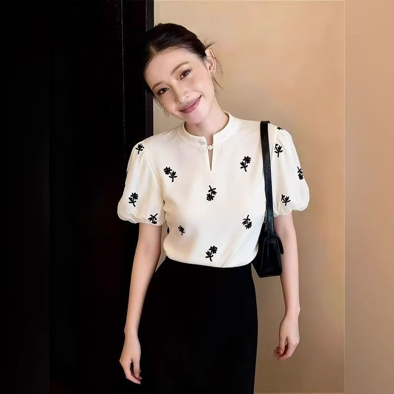 Modern Cheongsam Top with Floral Embroidery & Puff Sleeves