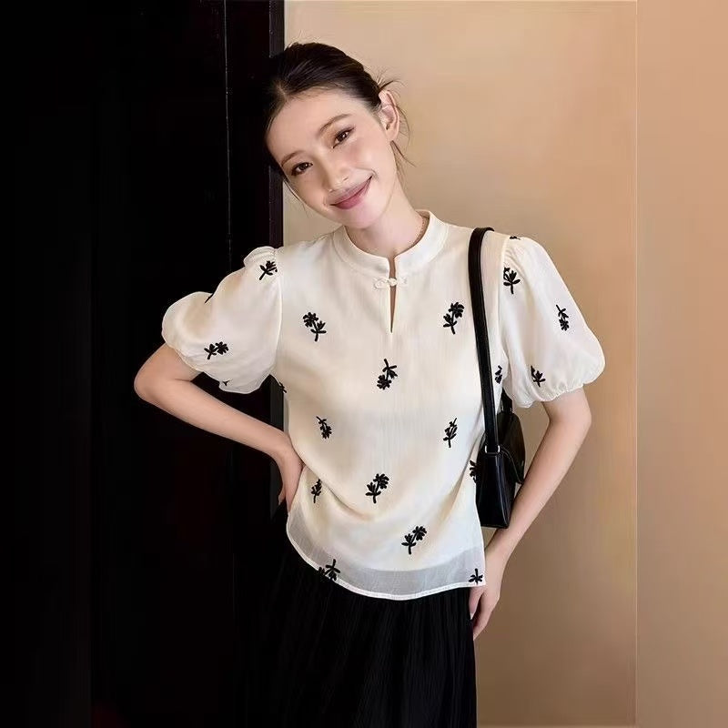 Modern Cheongsam Top with Floral Embroidery & Puff Sleeves