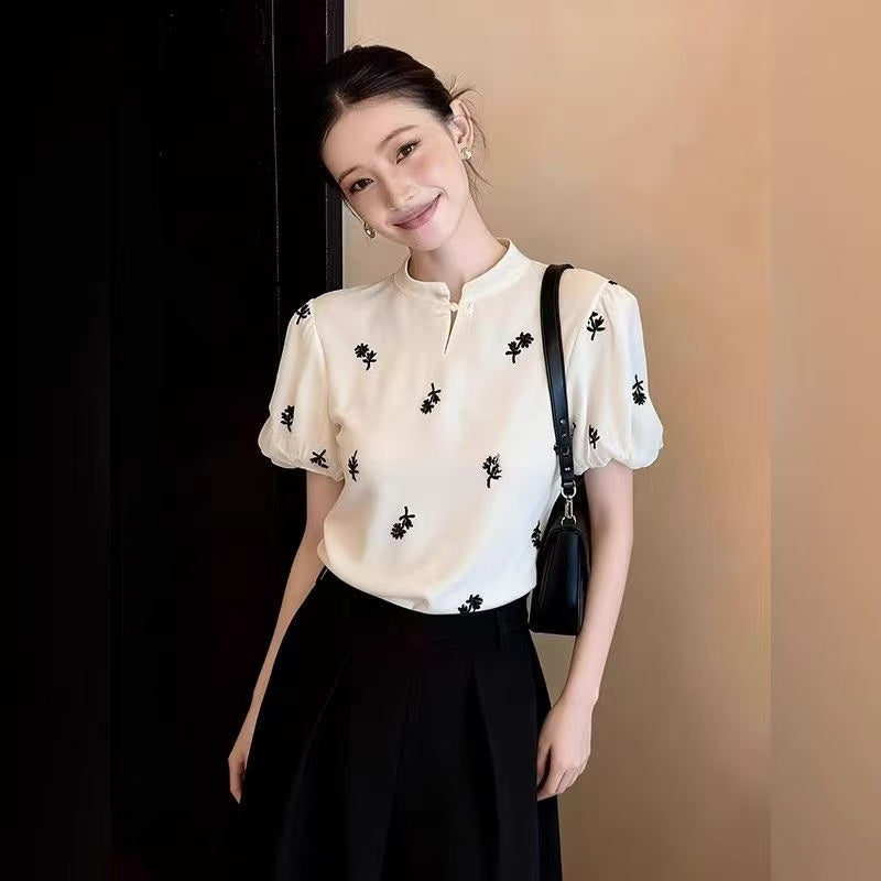 Modern Cheongsam Top with Floral Embroidery & Puff Sleeves