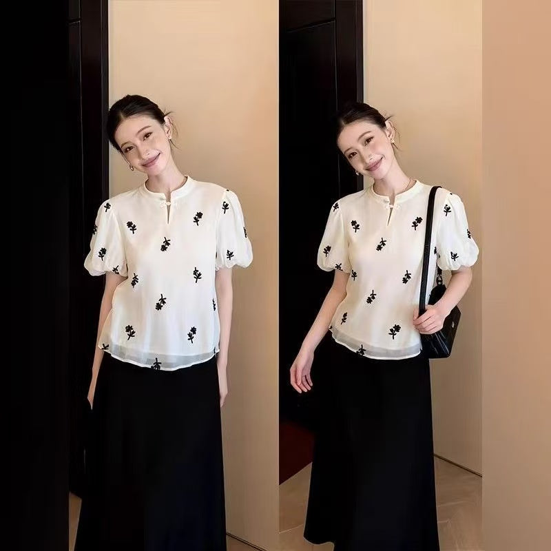 Modern Cheongsam Top with Floral Embroidery & Puff Sleeves