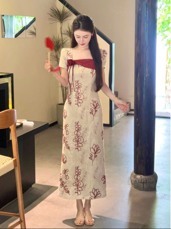 Square Neck Embroidered Hanfu Midi Dress