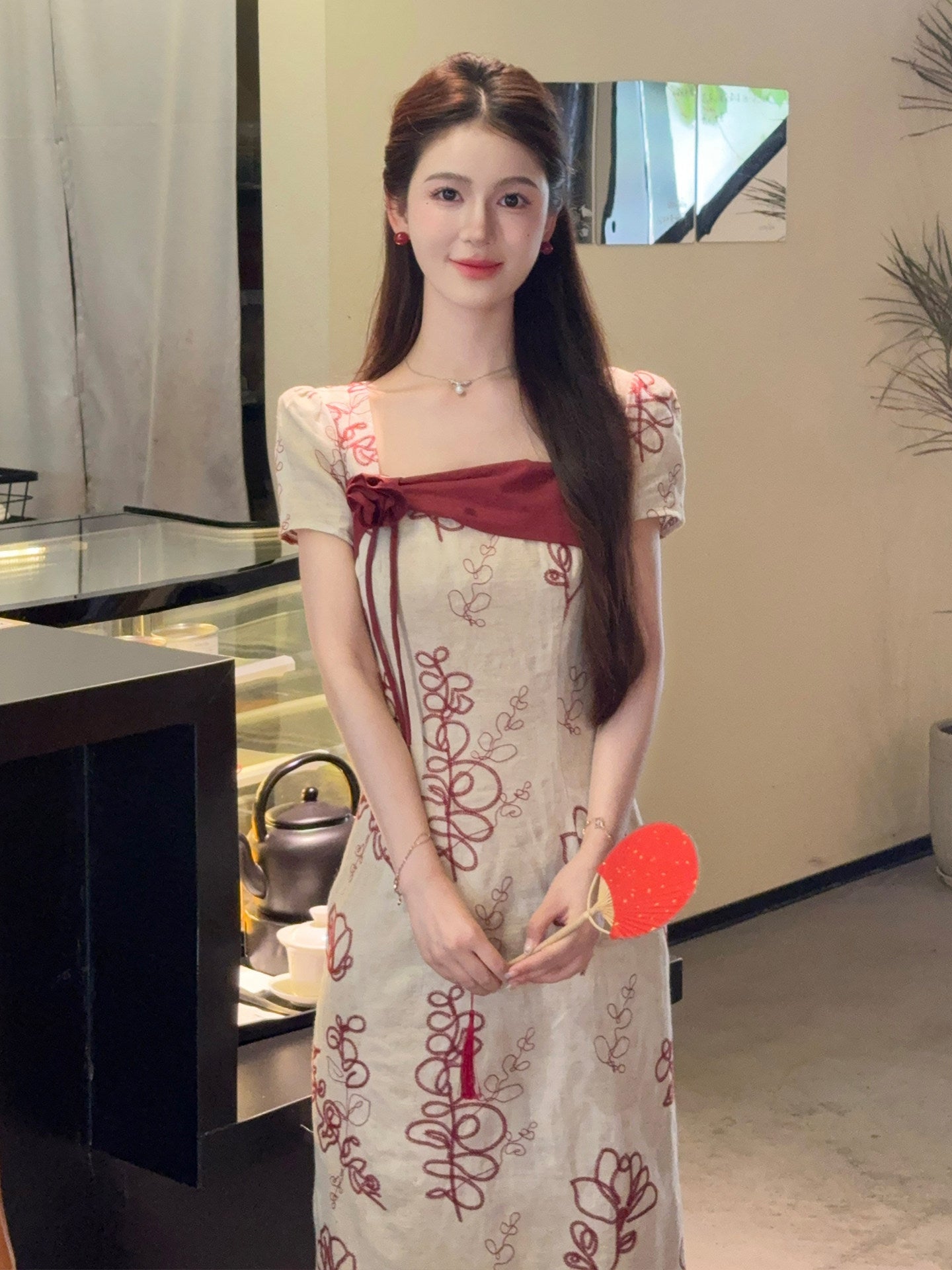 Square Neck Embroidered Hanfu Midi Dress