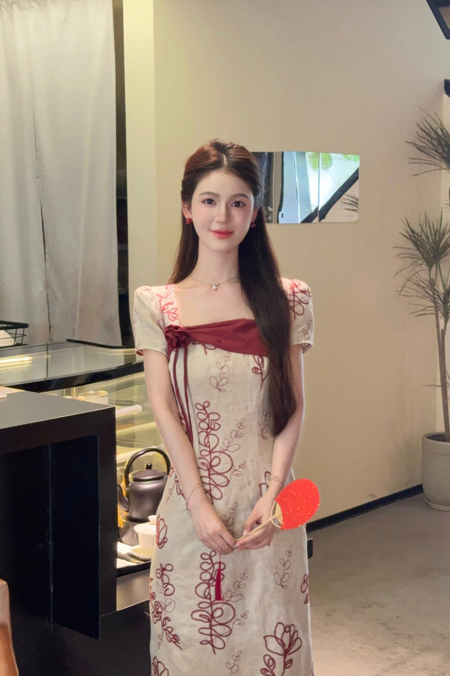 Square Neck Embroidered Hanfu Midi Dress