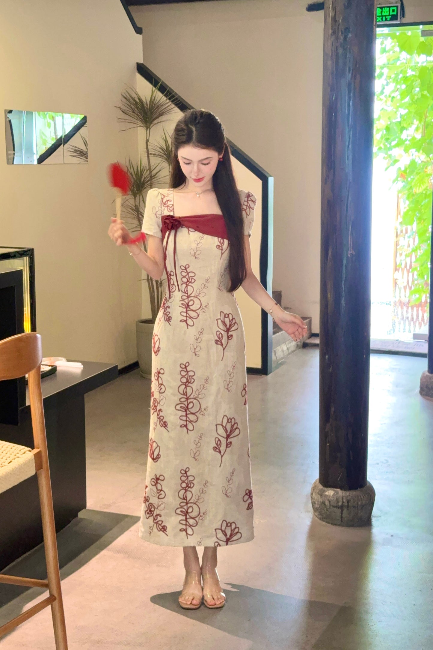 Square Neck Embroidered Hanfu Midi Dress