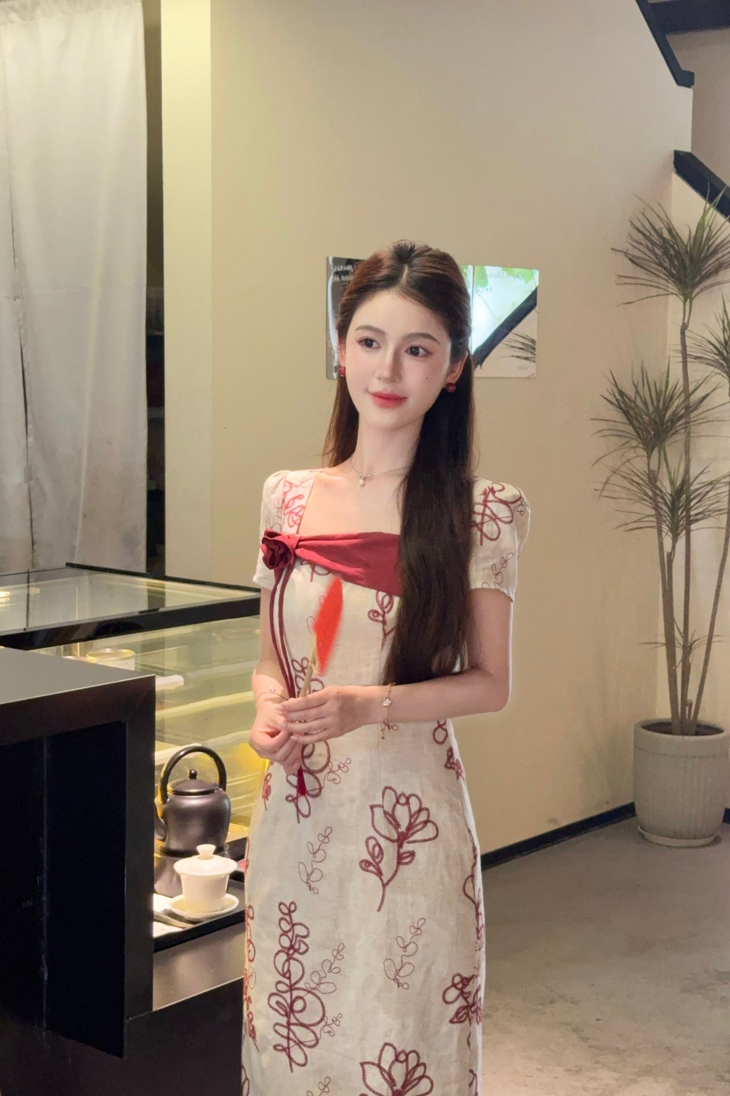 Square Neck Embroidered Hanfu Midi Dress