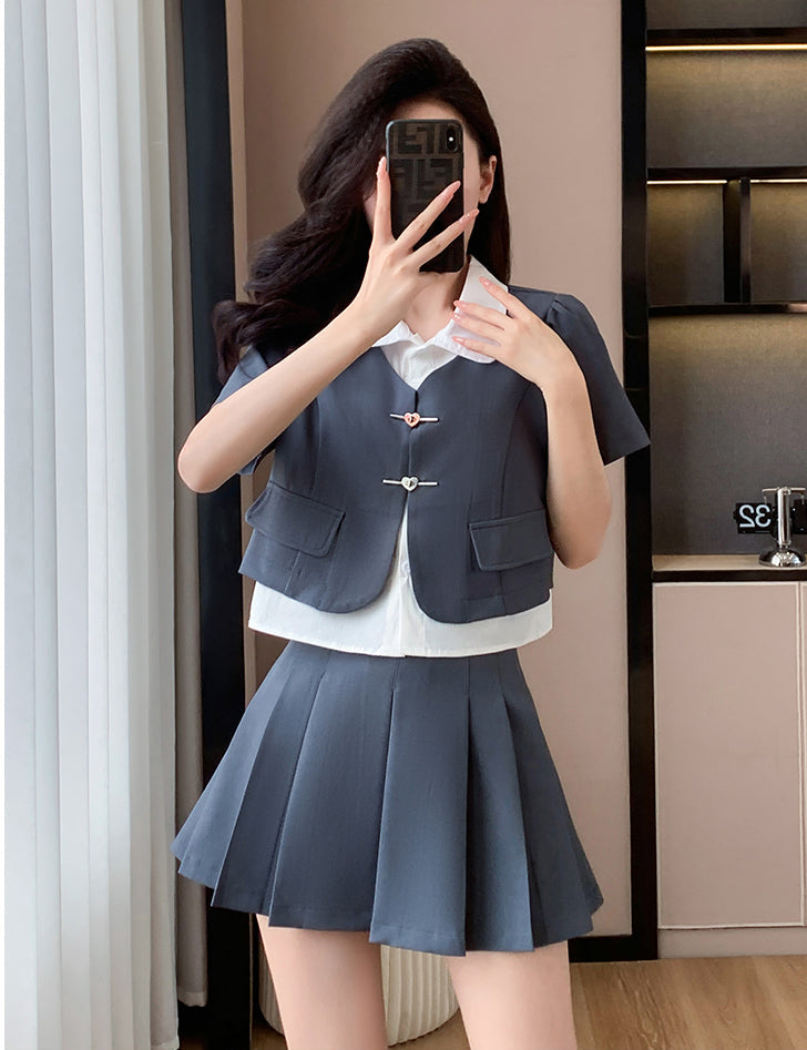 Modern Preppy 2-Piece Set-Short Sleeve Mock-Layer Blazer  With High Waist Pleated Mini Skirt