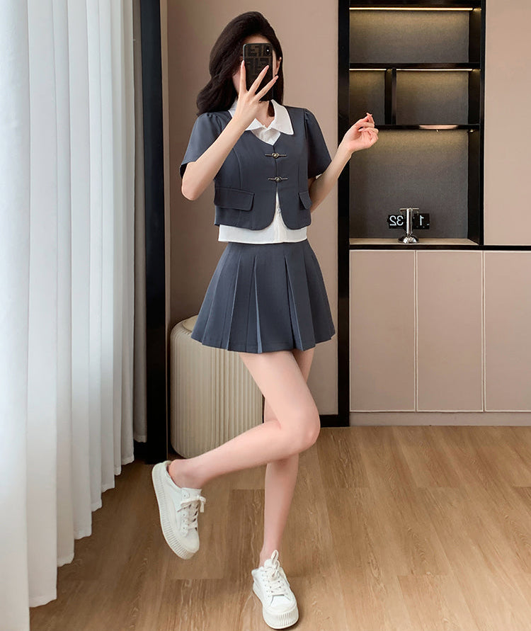 Modern Preppy 2-Piece Set-Short Sleeve Mock-Layer Blazer  With High Waist Pleated Mini Skirt