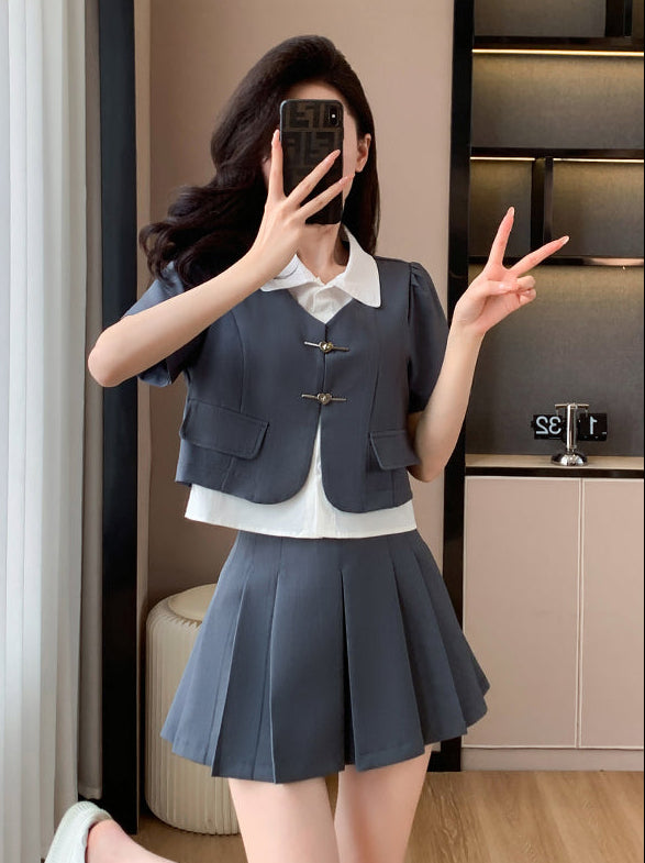 Modern Preppy 2-Piece Set-Short Sleeve Mock-Layer Blazer  With High Waist Pleated Mini Skirt