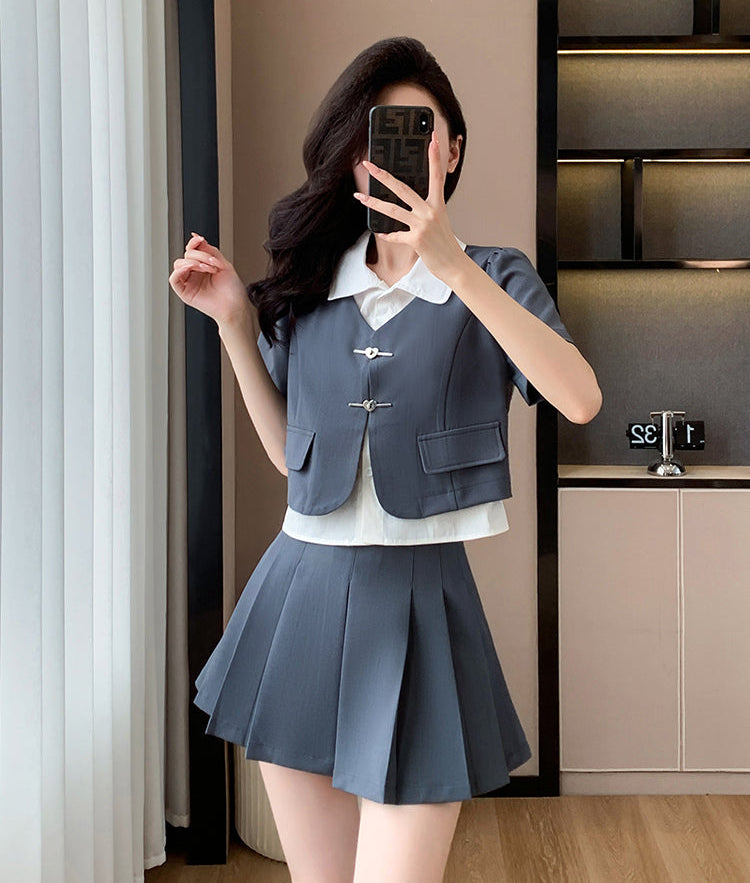Modern Preppy 2-Piece Set-Short Sleeve Mock-Layer Blazer  With High Waist Pleated Mini Skirt