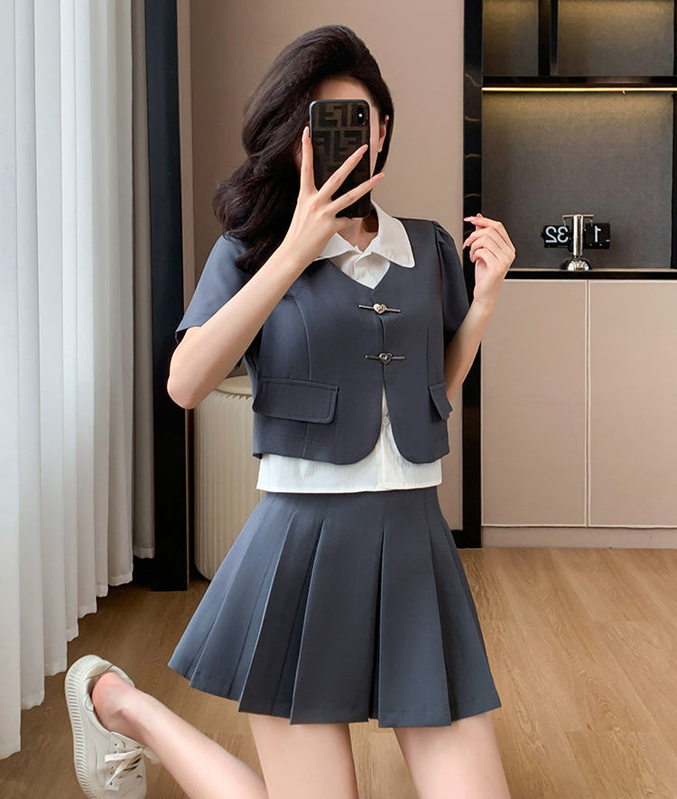 Modern Preppy 2-Piece Set-Short Sleeve Mock-Layer Blazer  With High Waist Pleated Mini Skirt
