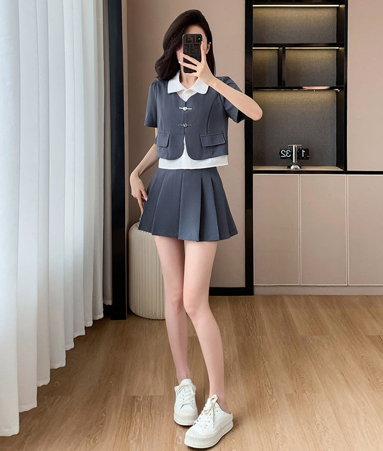 Modern Preppy 2-Piece Set-Short Sleeve Mock-Layer Blazer  With High Waist Pleated Mini Skirt